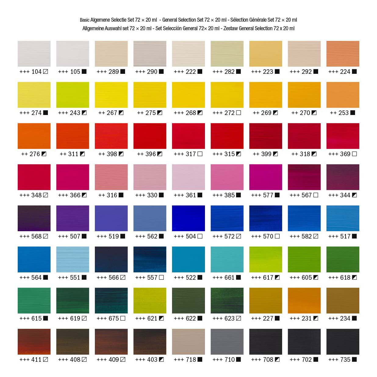 Ensemble de sélection générale de peinture acrylique série standard Bruynzeel Amsterdam 20 ml, 72 pièces.
