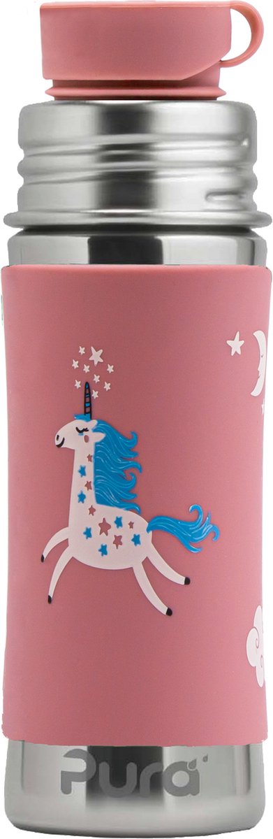 Gourde de sport Pura 325 ml - gourde - gourde - sans plastique - ne rouille pas - passe au lave-vaisselle - avec manchon de sport et bouchon de sport - le dessus est interchangeable - polyvalent - licorne rose