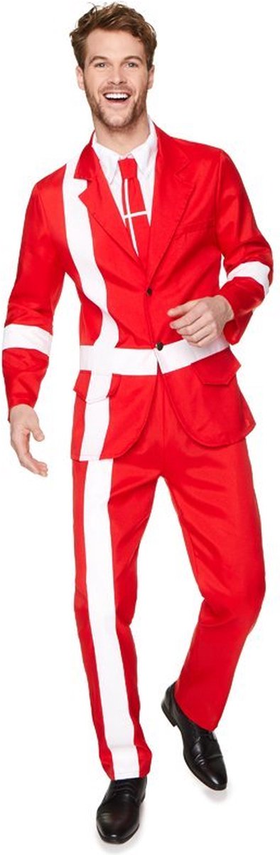 Partychimp Costumes de carnaval costume de déguisement danois vêtements de carnaval du Danemark carnaval pour hommes - polyester - rouge blanc - taille l - veste 4 pièces chemise cousue pantalon à cravate