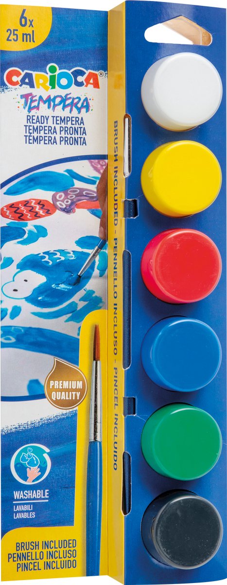 Peinture gouache Carioca tempera - couleurs primaires - 6 x 25 ml - avec pinceau - lavable - set de peinture gouache pour enfants - prêt à l'emploi