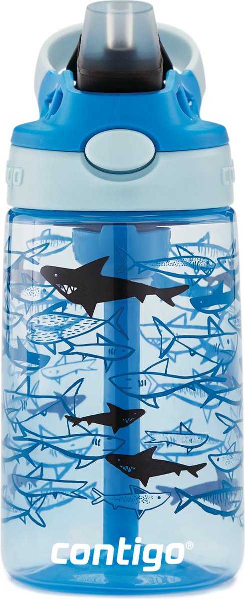 Gourde pour enfants Contigo easy clean autospout avec paille, gourde robuste sans BPA, 100 % étanche, nettoyage facile, idéale pour la garderie, la maternelle, l'école et le sport, 420 ml | les requins
