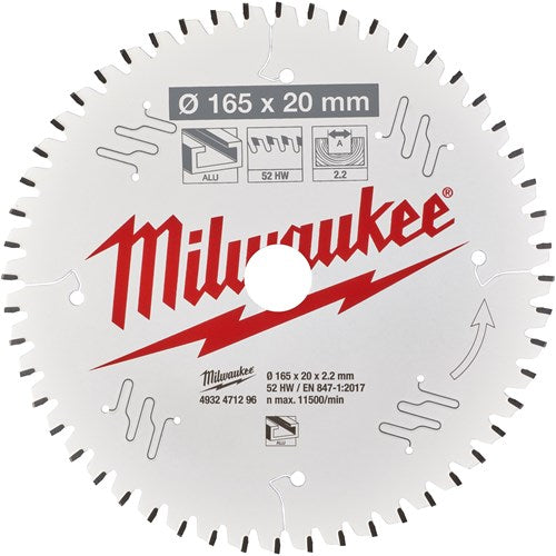 Accessoires Milwaukee lame de scie circulaire p alu165x20x2.2x52tf neg. - 4932471296