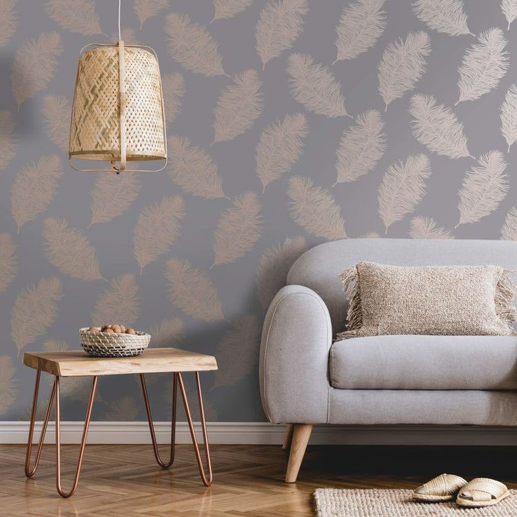 Covergs muraux hollandais Covergs néerlandais Fond d'écran Faiwning Feather Grey et Rose Gold Colored