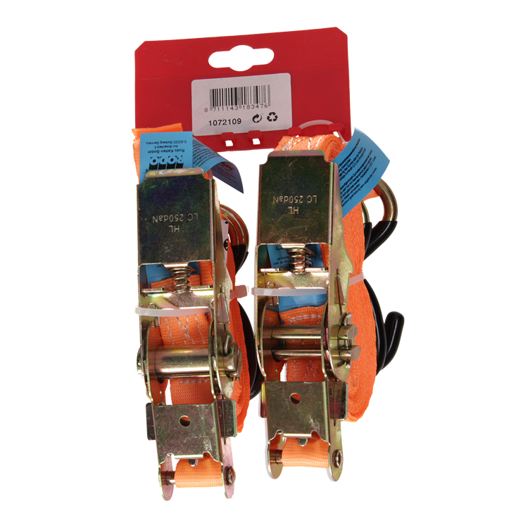 Mack 1072109 - 2 courroies de tension pe, tendeur à cliquet 25mm-6m max 500kg 2d, crochets en S | 5 pièces