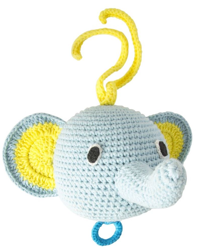 Musique éléphant au crochet bleu clair. 3+