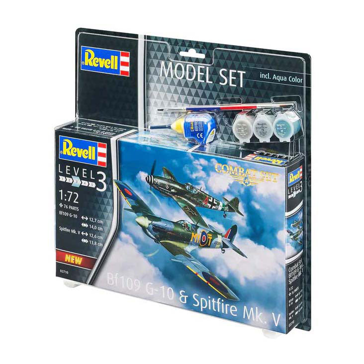 Kit de construction de maquettes Revell - Ensemble de combat bf109g-10 Spitfire mk.v 1:72 - 76 pièces. - y compris couleurs de peinture de base aqua color