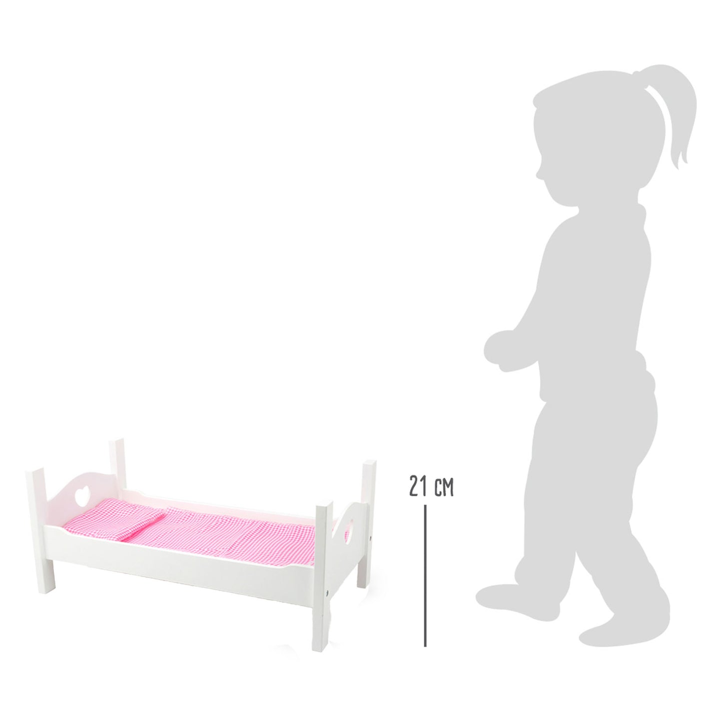 Petit pied de poupée en bois blanc avec literie, 4dlg.