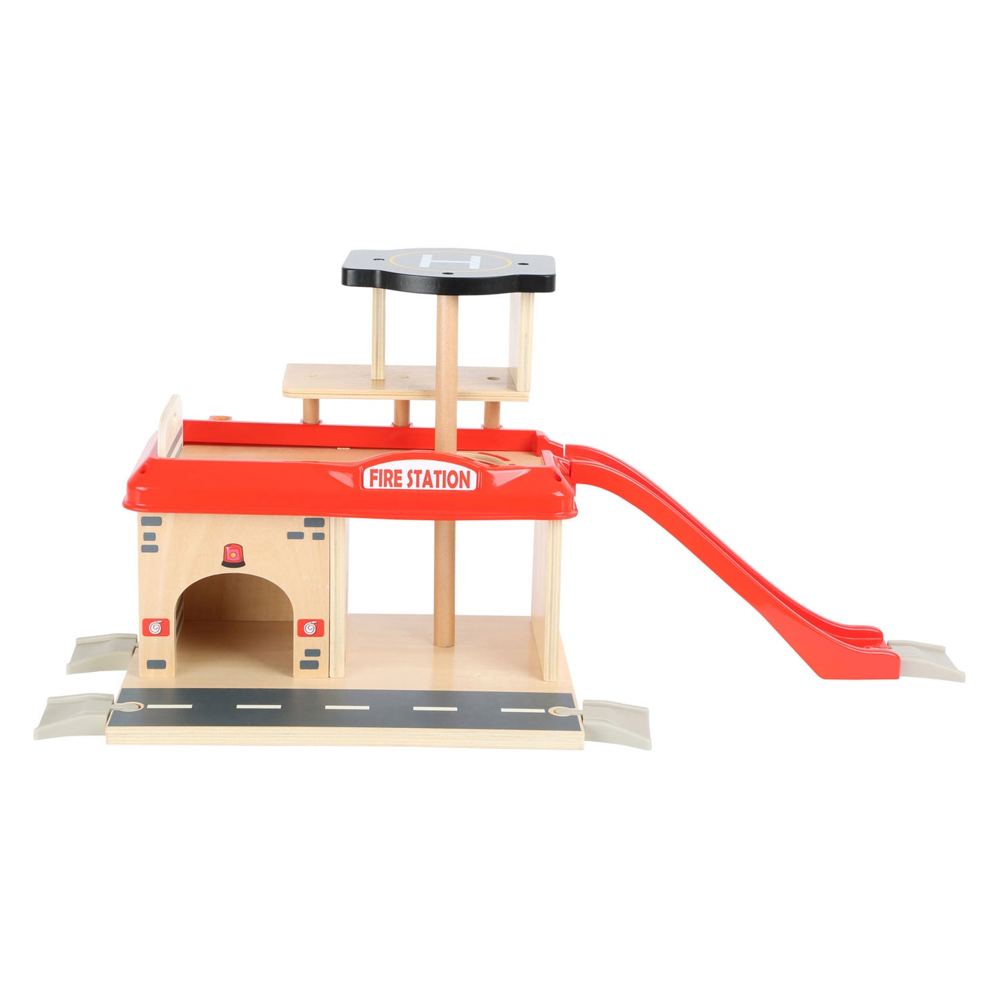 Caserne de pompiers en bois à petit pied avec accessoires, 15dlg.