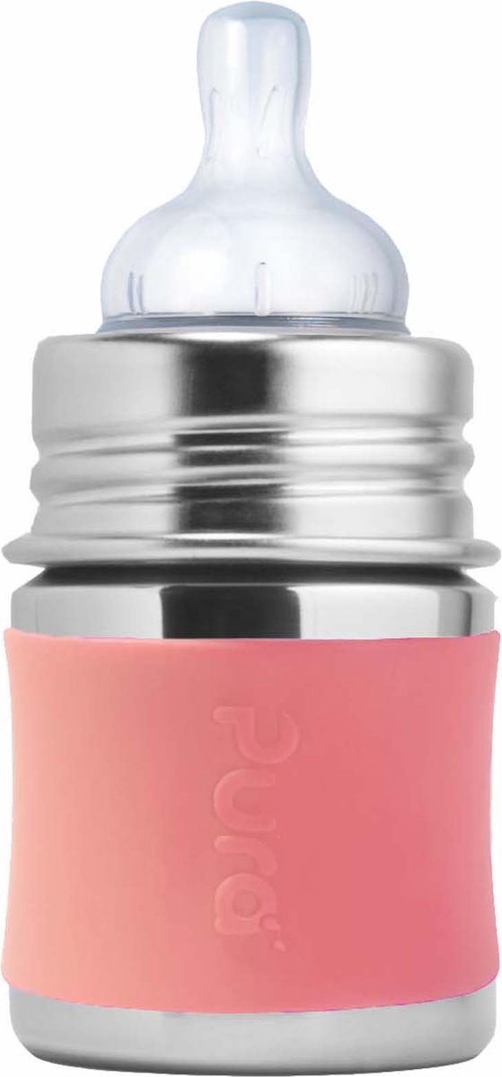 Biberon tétine Pura 150 ml - sans plastique - gourde - prévient les crampes d'estomac - passe au lave-vaisselle - avec tétine en silicone, capuchon de voyage et manchon - le dessus est interchangeable - polyvalent - rose