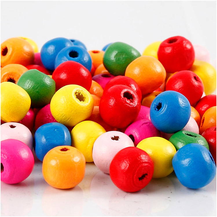 Perles en bois Creativ Company, d 10 mm, diamètre du trou 2,5-3 mm, env. 1500 pièces, différentes couleurs, 500 g 1 sachet