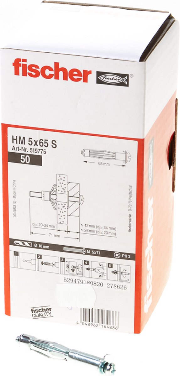 Cheville murale creuse Fischer 5x65mm hm 5x65 s 519775 (50 pièces)
