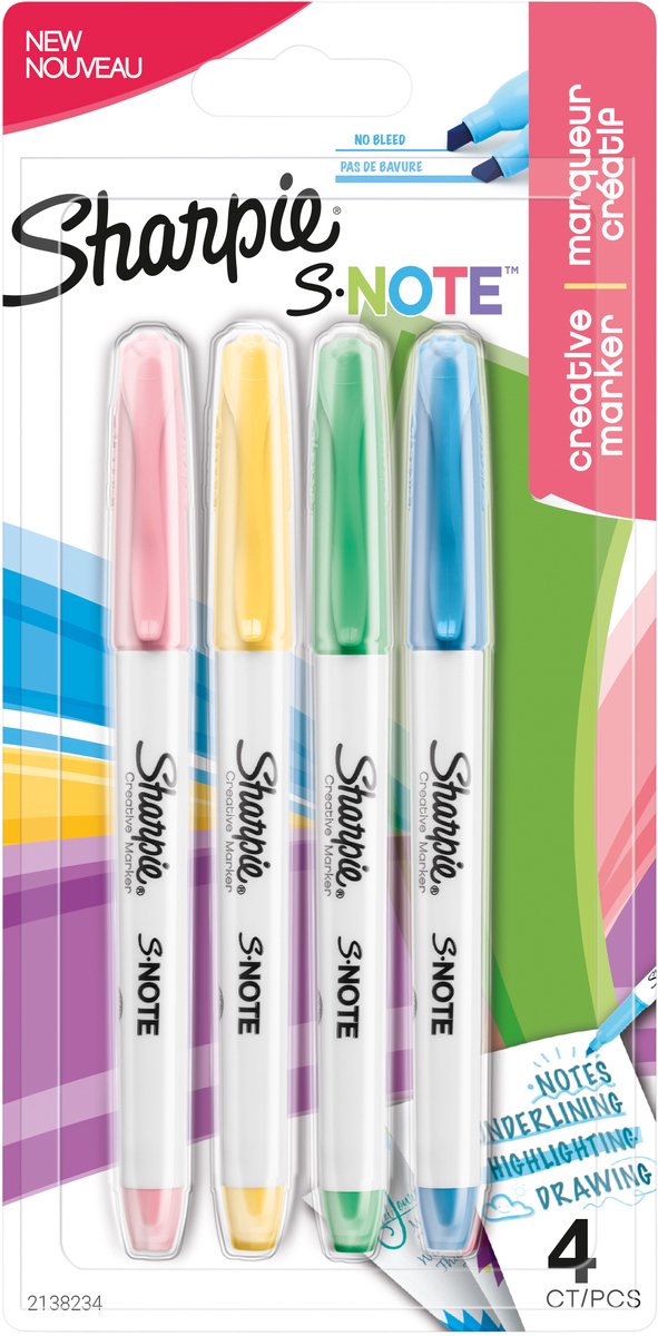 Marqueur de texte Sharpie S-Note, pointe biseautée, assortiment de couleurs