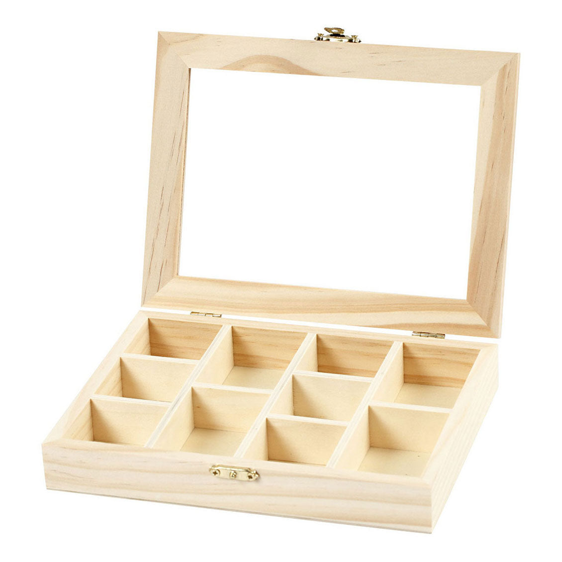 Boîte en bois de Creativ Company avec couvercle en verre et 10 compartiments