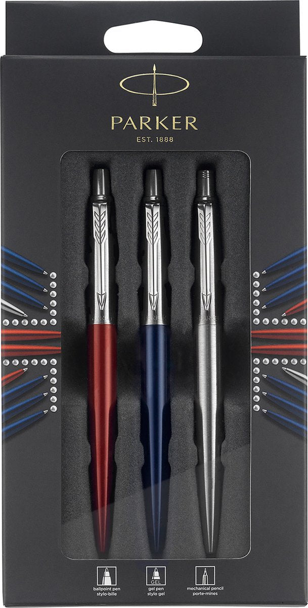 Coffret cadeau Parker Jotter London Trio Discovery avec stylos et crayons : stylo à bille (bleu royal), stylo gel (Kensington rouge) et porte-mine (acier inoxydable)