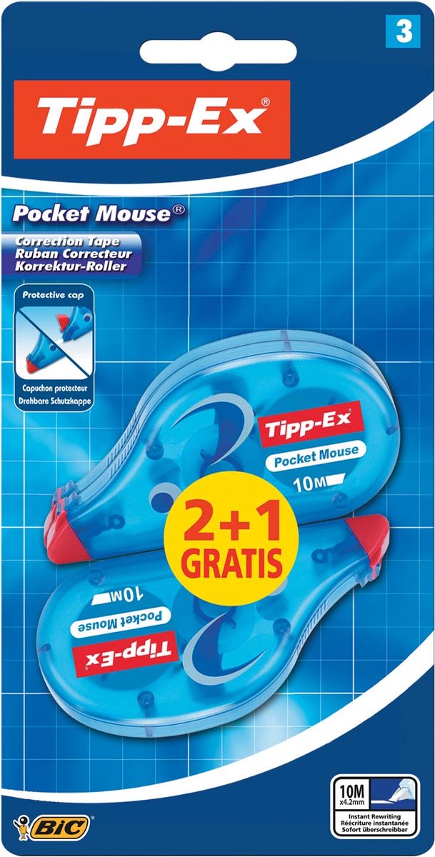 Rouleaux correcteurs Tipp-ex Pocket Mouse - 10 m x 4,2 mm - pack de 2+1 pièces