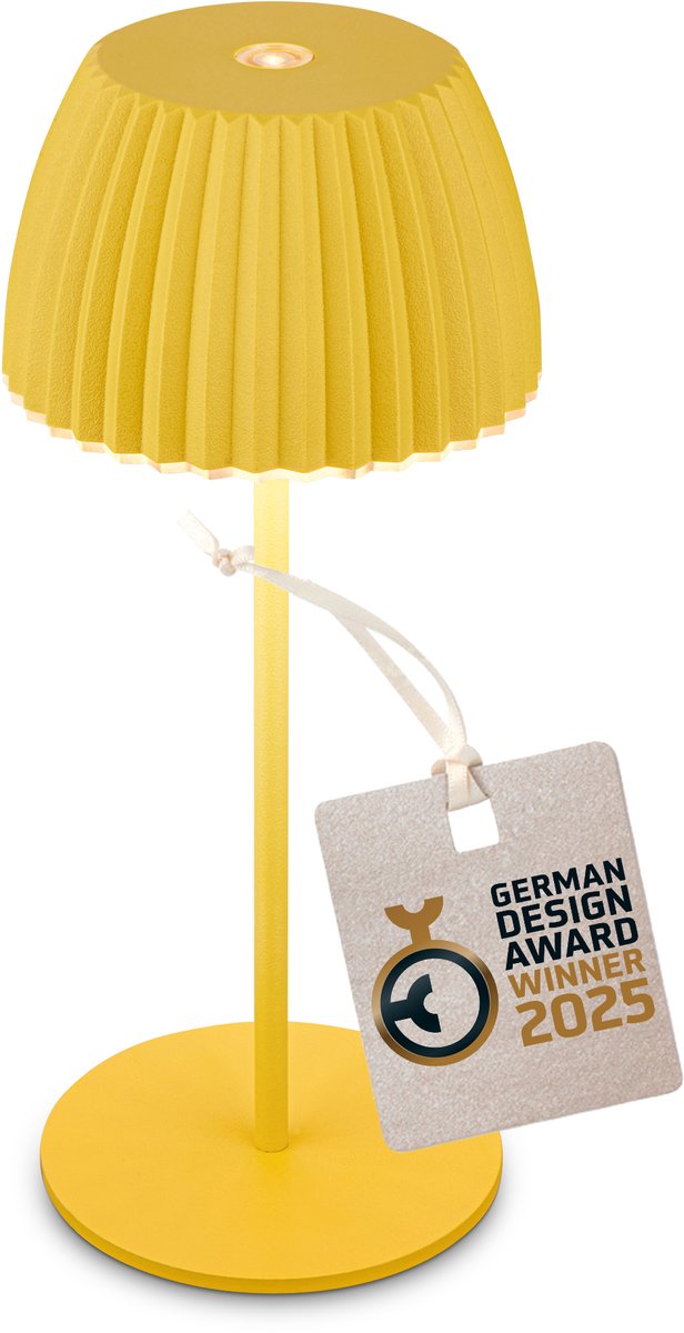 B.k.licht briloner champ mini - mini lampe de table rechargeable - lampe sans fil - dimmable au toucher - pour l'intérieur et l'extérieur - lauréat du prix du design allemand 2025 - jaune citron - ø8,5 x 20cm
