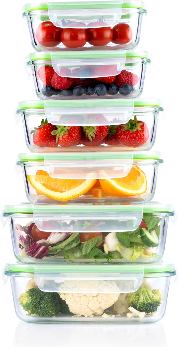 Récipients alimentaires en verre Alpina - Récipients de préparation de repas - Récipients de congélation Ensemble de 12 pièces avec couvercles - 370 ml, 640 ml et 1050 ml - adaptés au four, au congélateur, au micro-ondes et au lave-vaisselle - en verre