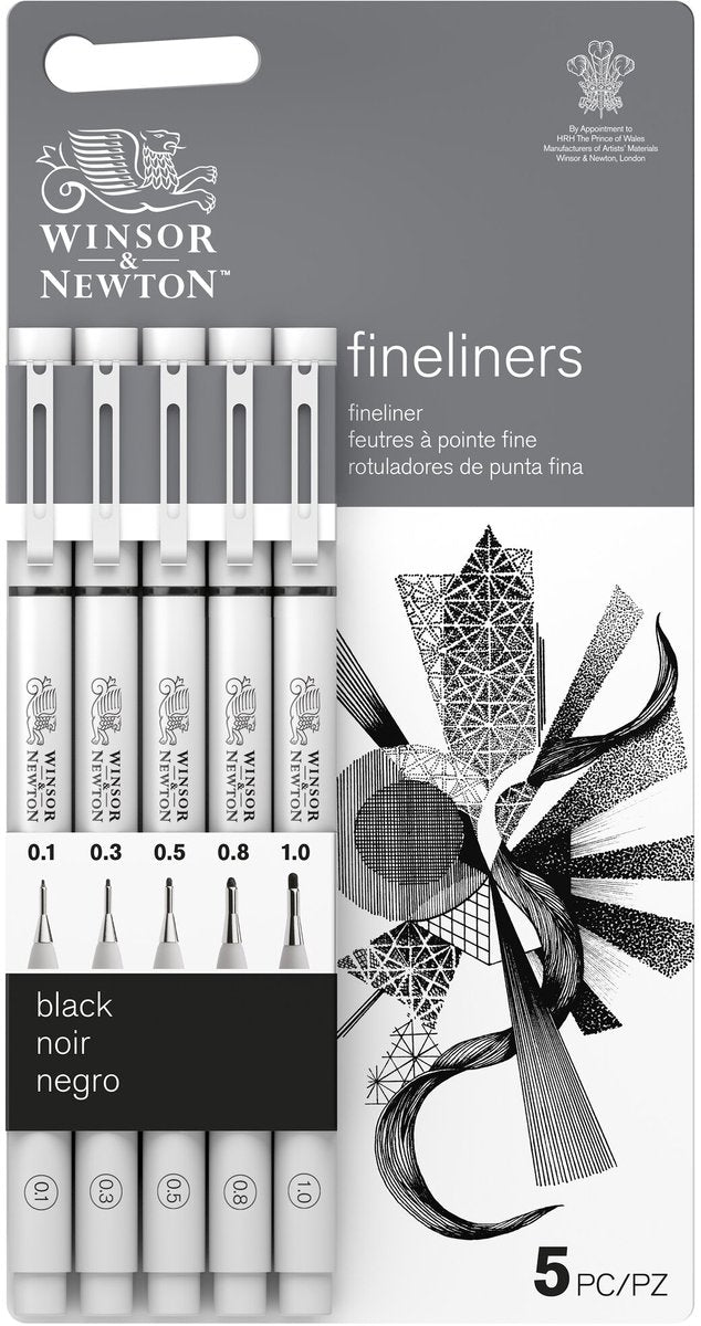 Winsor Newton Fineliner Set Noir – 5 tailles de plume (0,1 à 1,0 mm) – Encre pigmentée résistante à l'eau pour le dessin et l'esquisse