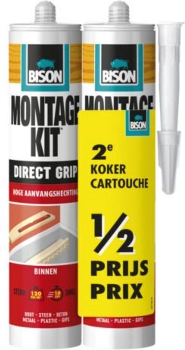 Kit de montage Bison tube à prise directe 2x 370 g, emballage duo, 2ème tube à moitié prix, extra fort, adhérence initiale élevée, colle de montage, montage, haute résistance finale, intérieur et extérieur, facile à utiliser
