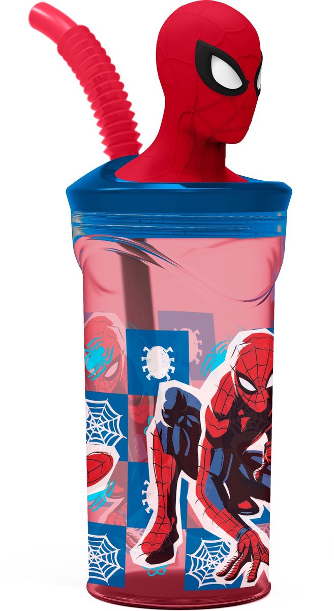 Stor Marvel's Spider-Man gobelet avec paille – 360 ml – réutilisable – avec figurine 3D – sans BPA – gobelet pour enfants à partir de 4 ans – rouge transparent
