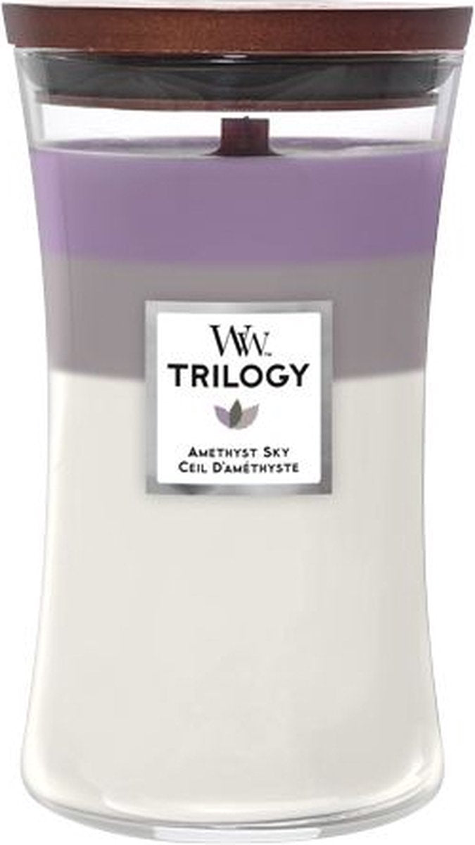 Grande bougie parfumée Woodwick Hourglass Trilogy - Ciel améthyste - 130 heures de combustion
