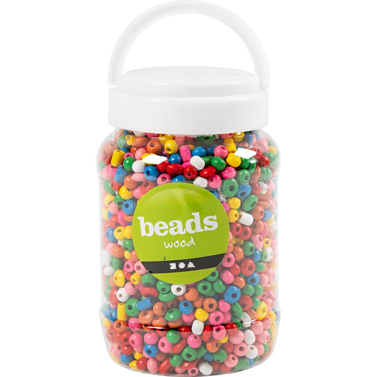 Perles en bois Creativ Company, d 5-8 mm, diamètre du trou 1,5 mm, env. 2170 pièces, différentes couleurs, 175 gr, 400 ml 1 seau