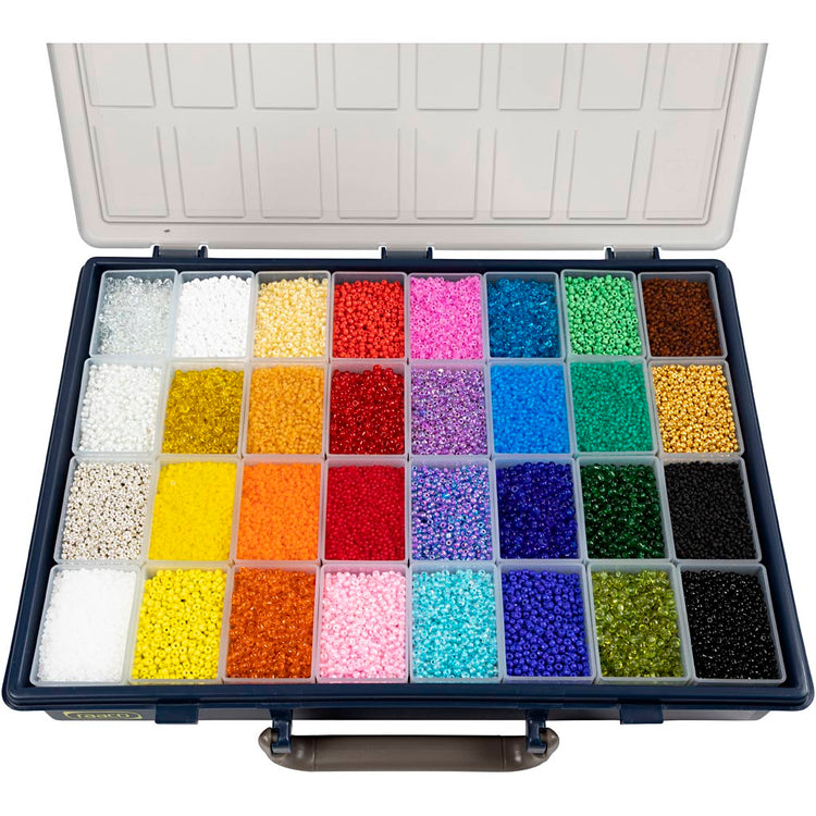 Perles de rocaille Creativ Company, d 1,7+3+4 mm, taille 6 0+8 0+12 0, taille du trou 0,5-1,2 mm, les couleurs peuvent varier, 32x100 g 1 boîte
