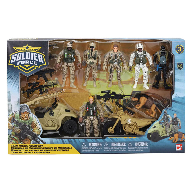 Figurines de jeu RC Soldier Foe, lot de 6 soldats, chien et 2 motos.