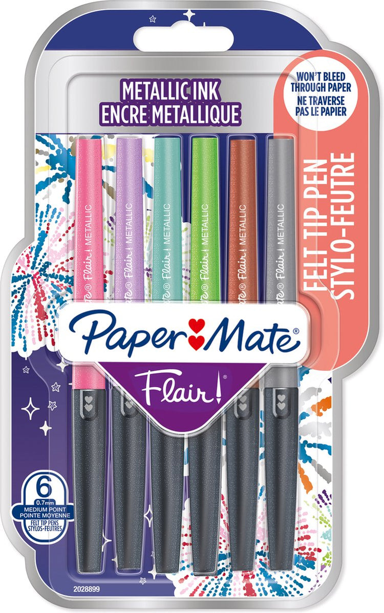 Feutres métalliques Paper Mate Flair | encre scintillante qui brille sur du papier blanc | différentes couleurs | pointe moyenne (0,7 mm) | 6 pièces