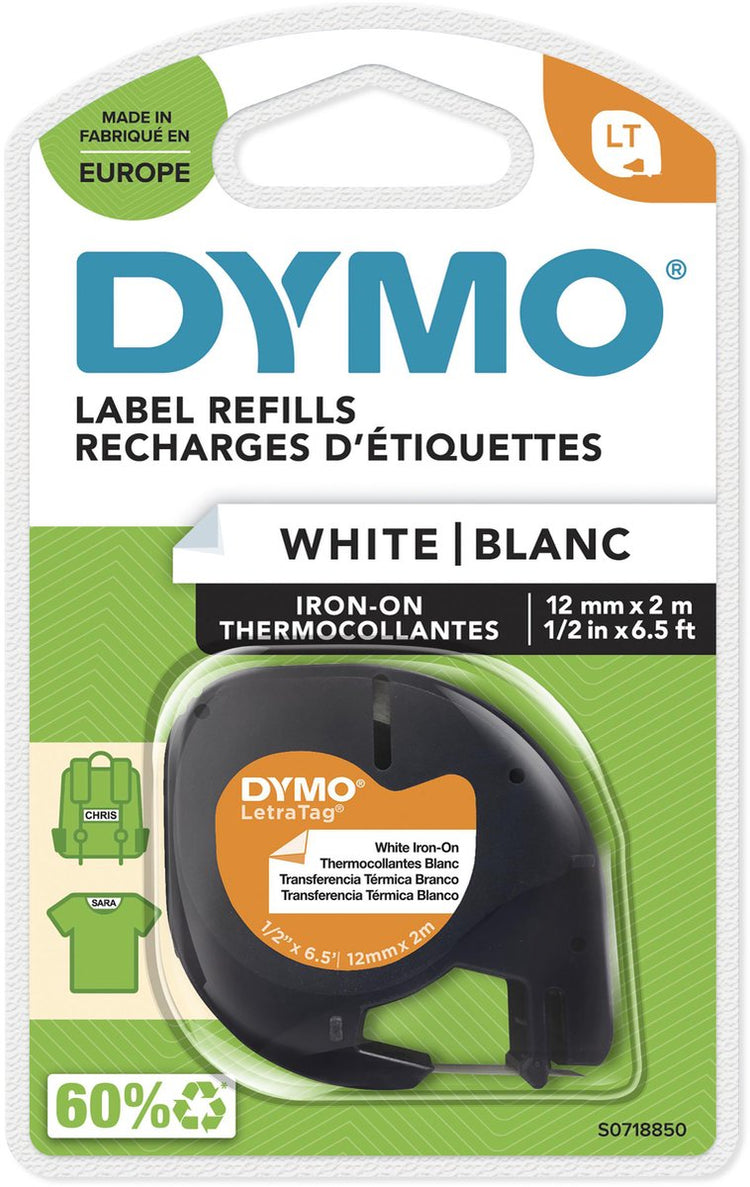 Étiquettes textiles thermocollantes originales Dymo letratag | Rouleau de 12 mm x 2 m | impression noire sur étiquettes blanches | ruban à repasser pour imprimantes d'étiquettes letratag
