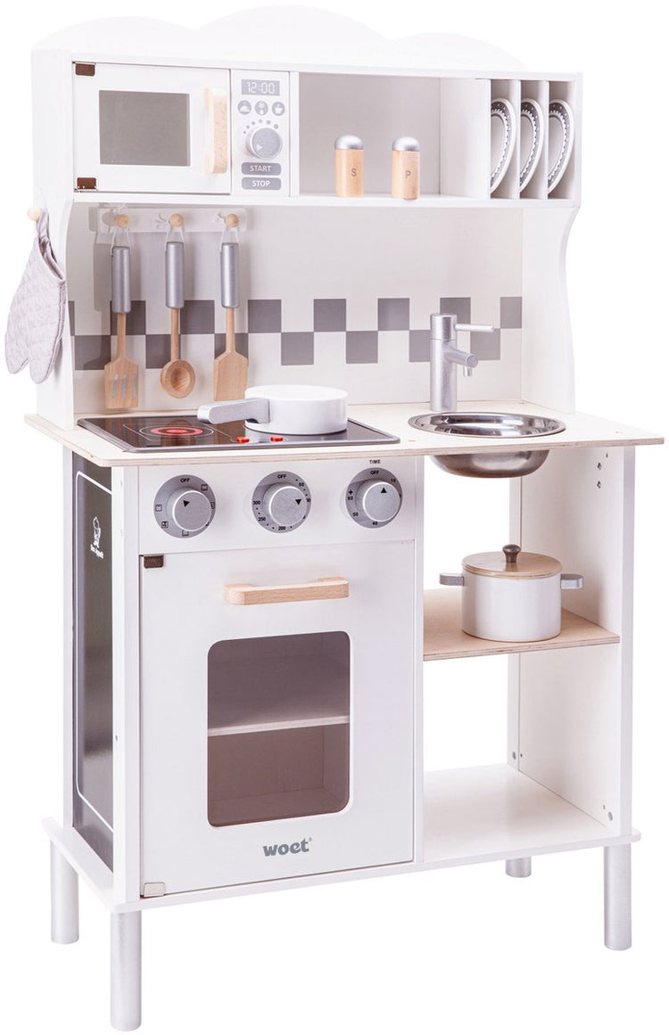 Cuisine pour enfants jouet en bois Woet ® - cuisine ludique avec plaque de cuisson avec lumière et son - cuisine ludique blanche avec divers accessoires - hauteur du plan de travail 55 cm - jeu de rôle - à partir de 3 ans