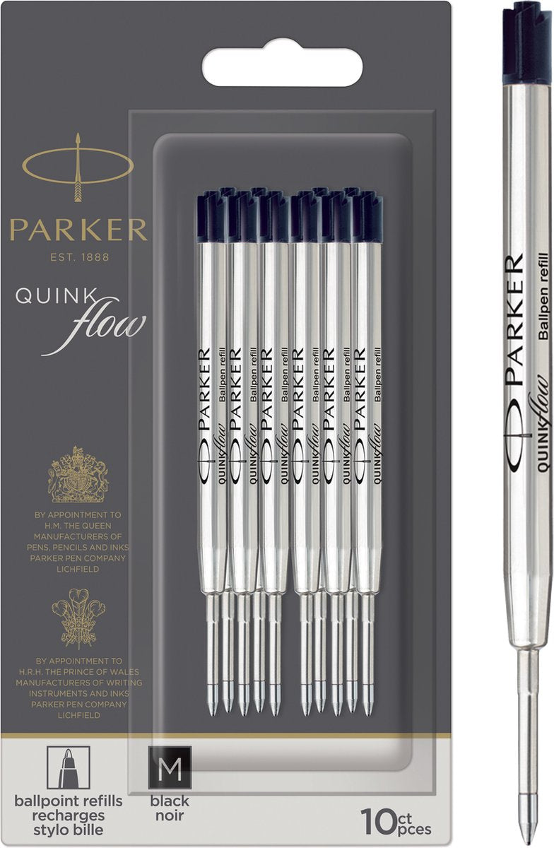 Recharge pour stylo à bille Parker - pointe moyenne - encre noire Quinkflow - 10 pièces