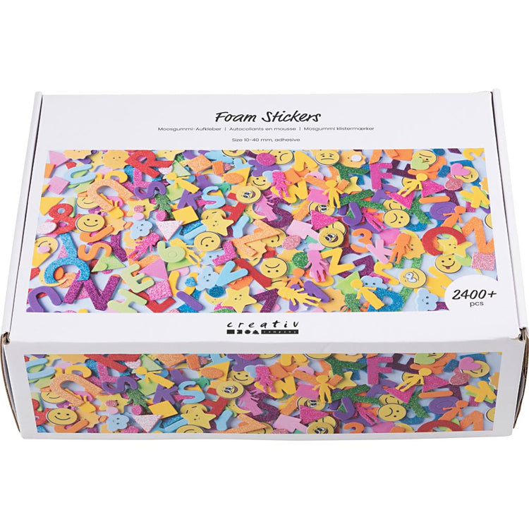 Creativ company Autocollants en mousse, émojis, formes géométriques, lettres et chiffres, autocollants, taille 10-40 mm, env. 2460 div, différentes couleurs, 2640 pièces 1 boîte