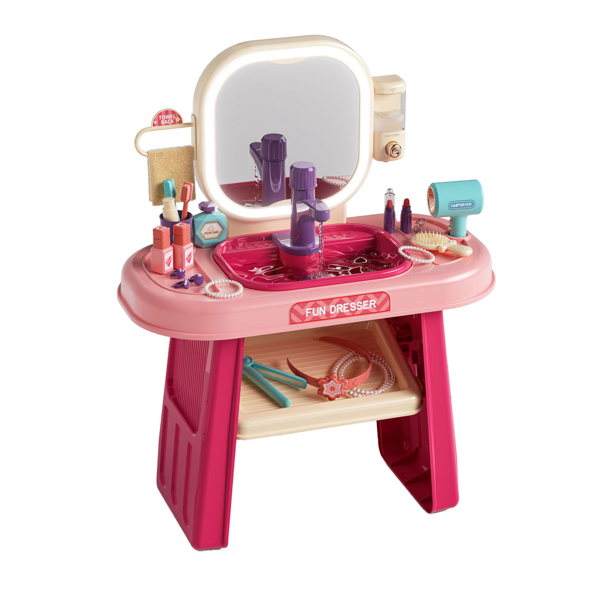 Table de coiffure rose avec accessoires