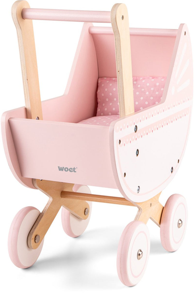 Landau de poupée en bois Woet ® - avec couette - landau jouet rose - hauteur de poussée 50 cm - accessoire de poupée de jeu de rôle - à partir de 3 ans