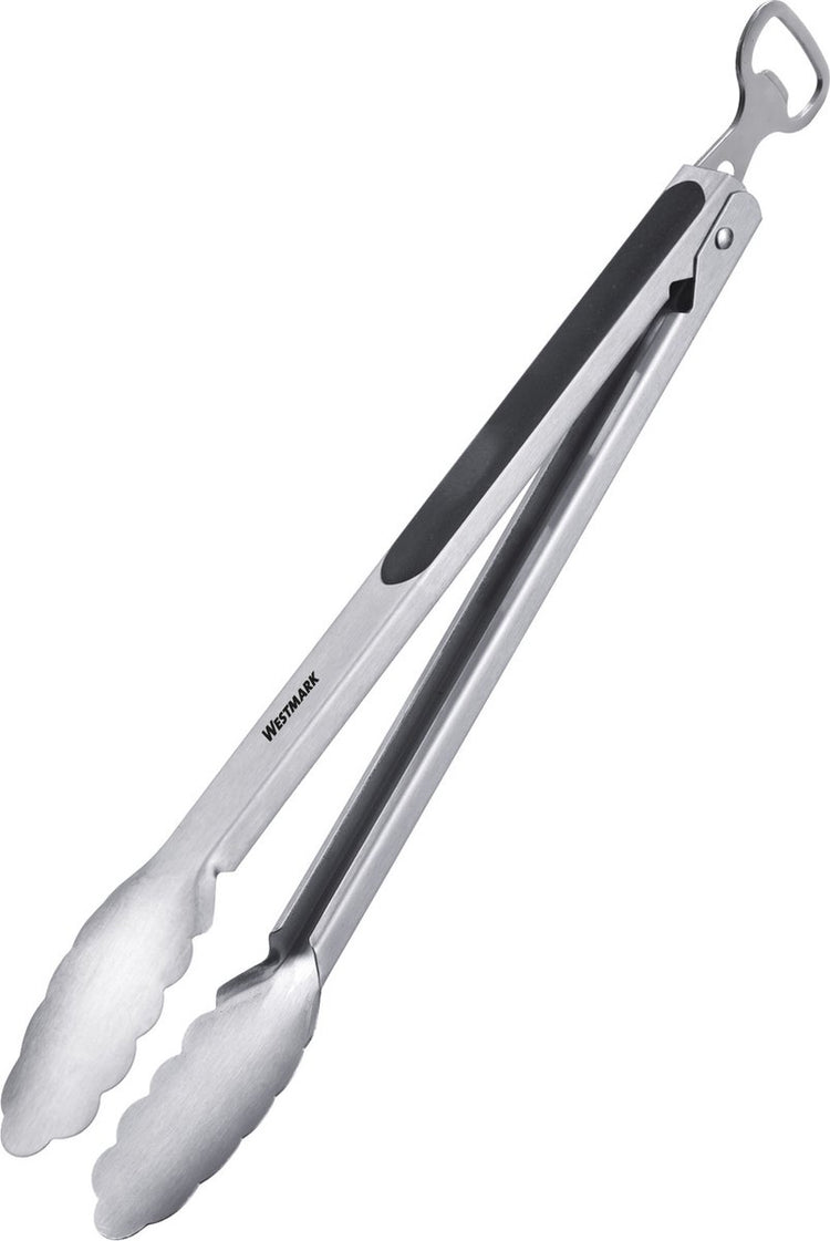 Pince à grill Westmark + pince de service avec décapsuleur, avec extrémités en acier inoxydable et poignées en caoutchouc, longueur : 35 cm, plastique inox, mélange spécial classique, argent noir, 1625227ö
