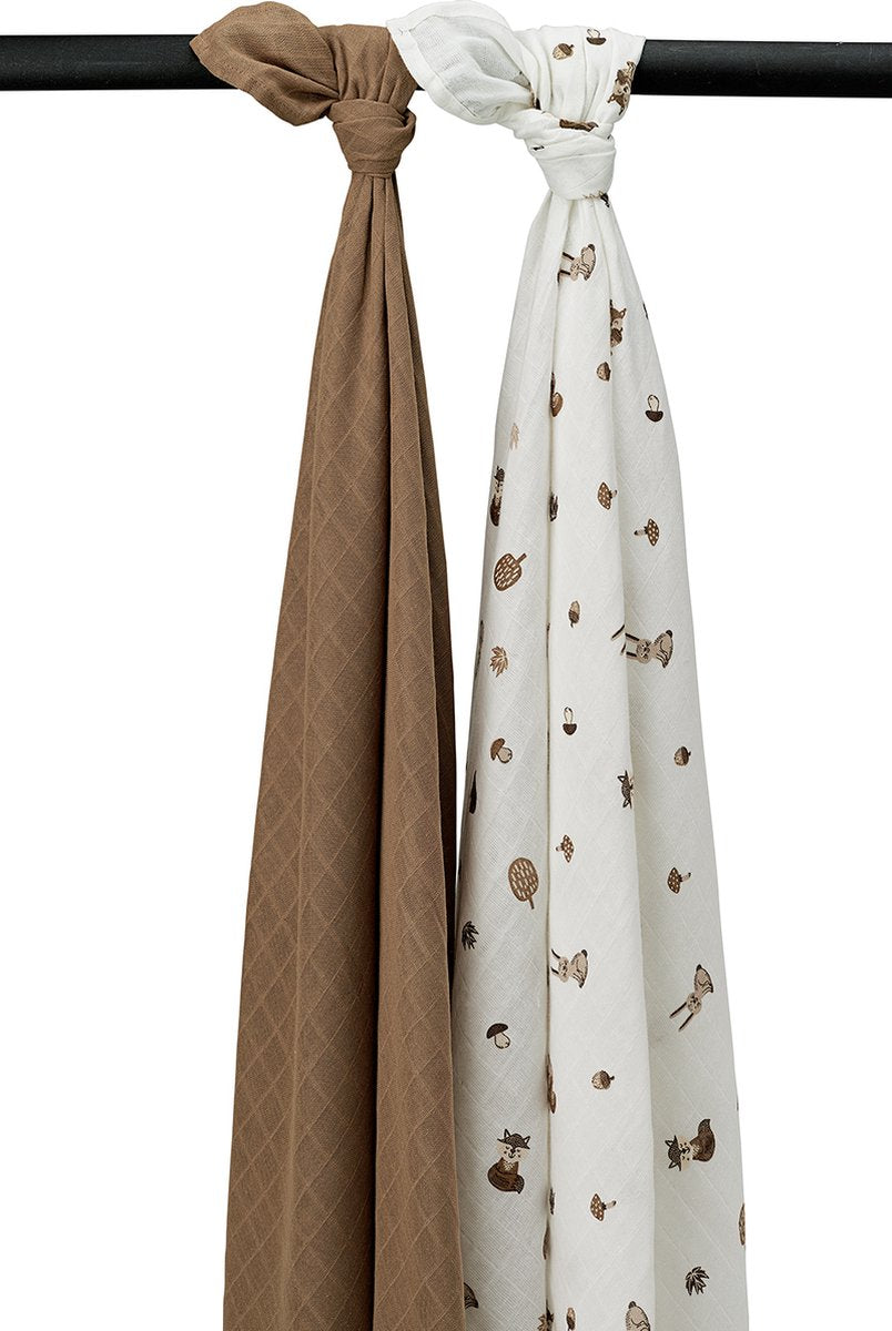 Emmaillotage bébé animaux de la forêt Meyco - paquet de 2 - hydrophile - caramel - 120x120cm