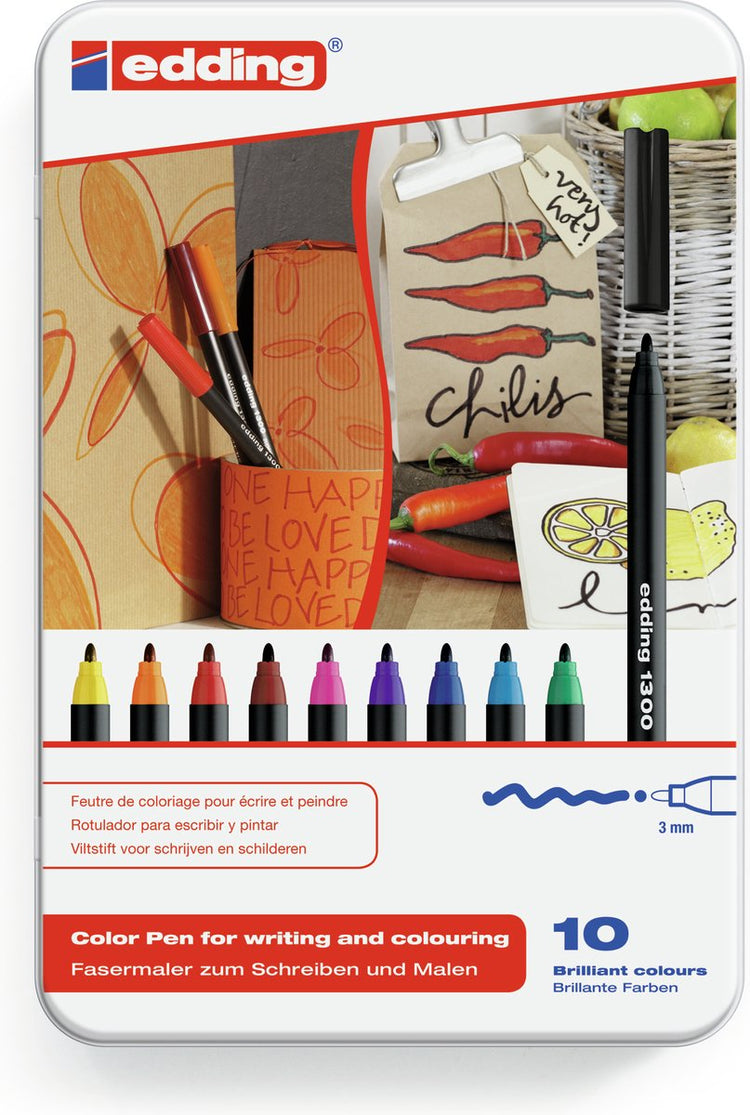 Edding 1300 10s - 10 pièces de différentes couleurs - pointe ronde 2 mm - boîte en métal - encre à base d'eau - pour écrire, croquis et mises en page sur papier clair