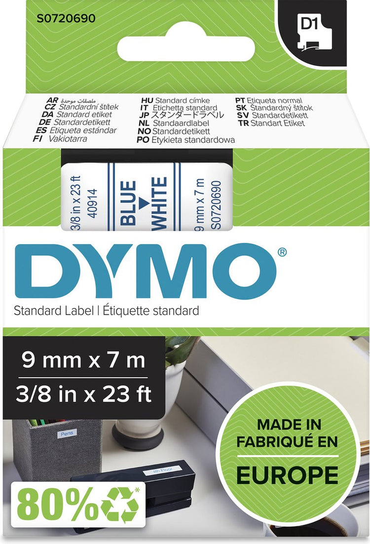 Étiquettes Dymo originales d1 | texte bleu sur étiquette blanche | 9 mm x 7 m | étiquettes autocollantes pour l'imprimante d'étiquettes Label Manager | fabriqué en europe