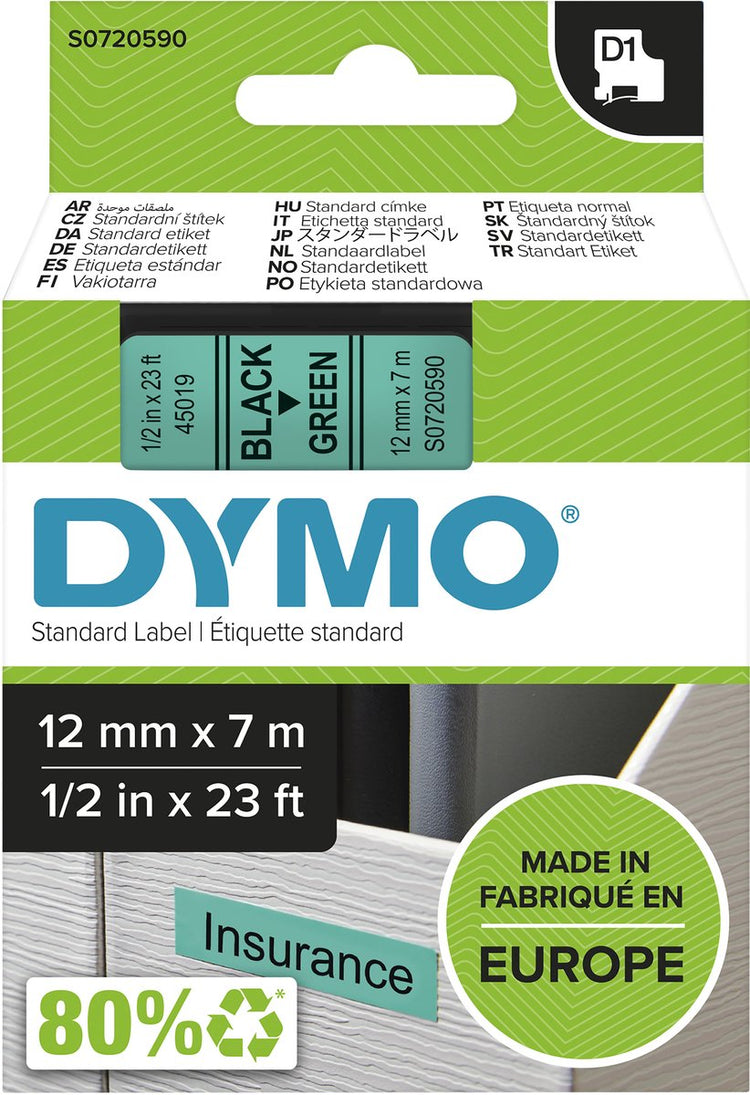 Étiquettes Dymo originales d1 | texte noir sur étiquette verte | 12 mm x 7 m | étiquettes autocollantes pour l'imprimante d'étiquettes Label Manager | fabriqué en europe