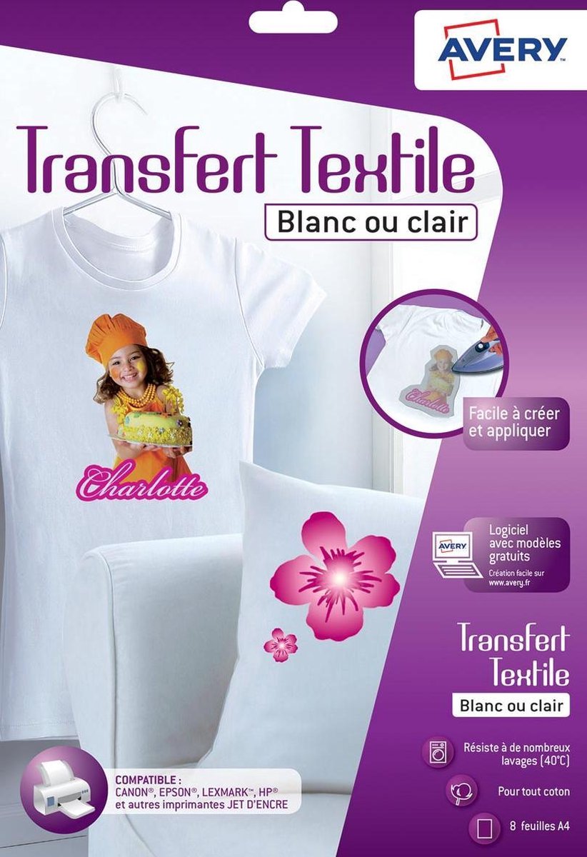 Avery transfert feuille t-shirt a4 transparent boîte de 8 feuilles