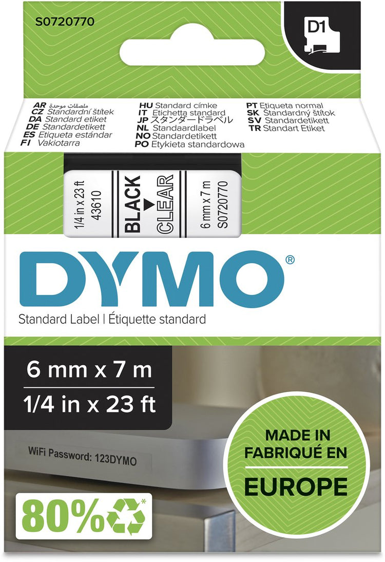 Étiquettes Dymo originales d1 | texte noir sur étiquette transparente | 6 mm x 7 m | étiquettes autocollantes pour l'imprimante d'étiquettes Label Manager | fabriqué en europe