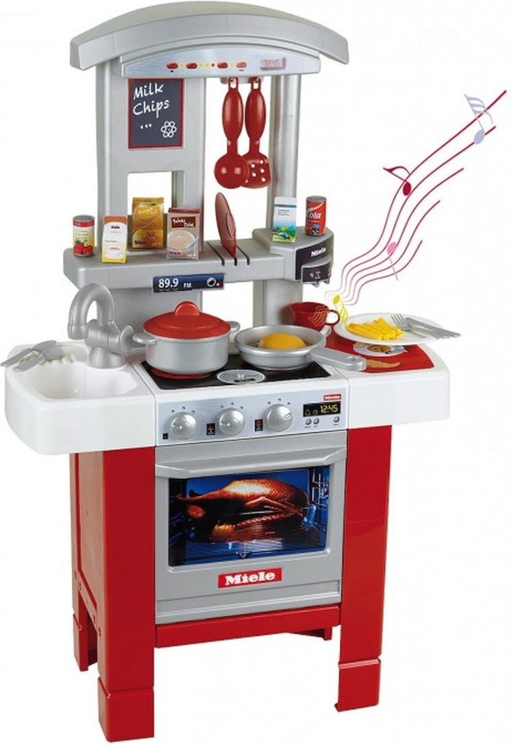 Klein toys miele starter kitchen - 27x57x90 cm - four, lave-vaisselle, hotte aspirante, évier, répliques alimentaires, ustensiles de cuisine et de repas - incl. effets sonores - gris rouge