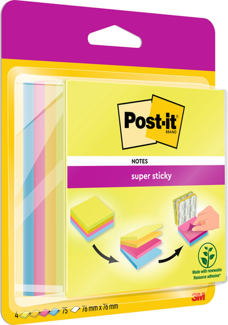 Feuillets super collants Post-it®, vert fluo, jaune canari™, fuschia, bleu méditerranéen, 76 mm x 76 mm, bloc de 75 feuilles, 4 blocs