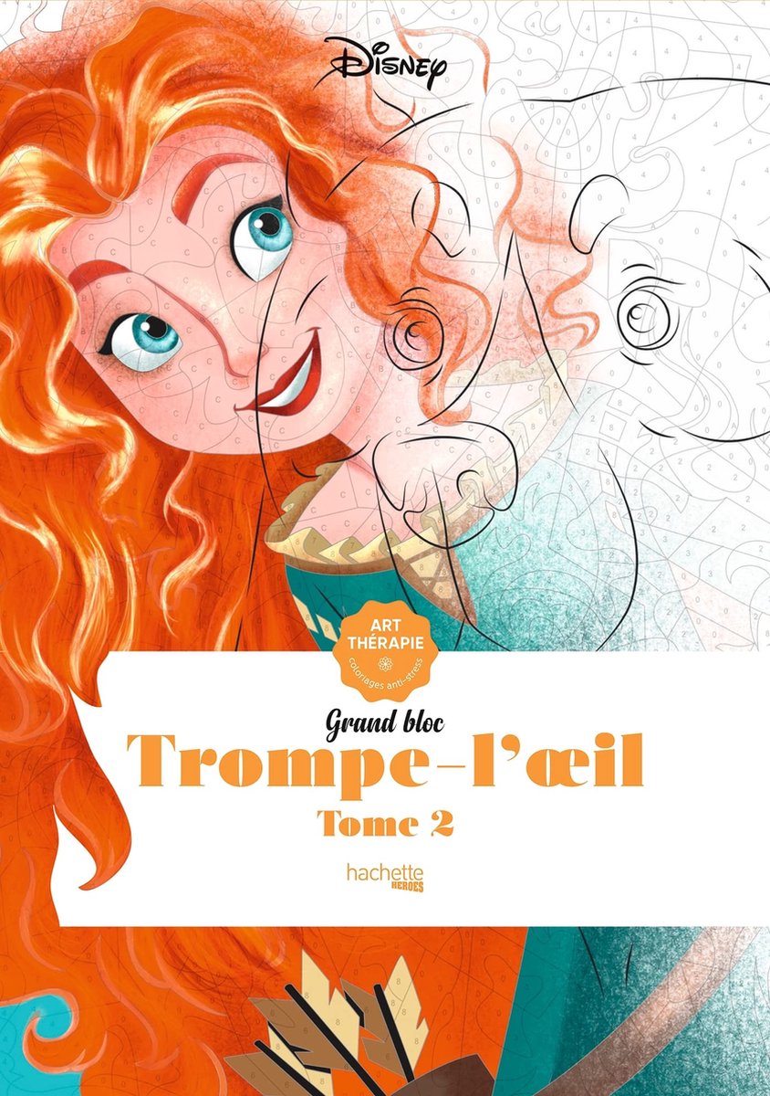 Hachette héros disney grand bloc - trompe-l`oeil tome 2 - coloriage par numéro - livres de coloriage pour adultes - hachette