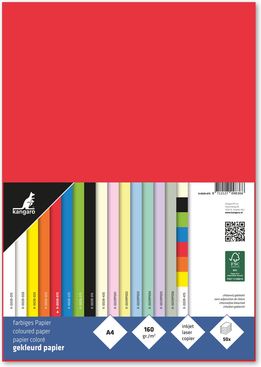 Papier Kangaro - a4 - 160 grammes fsc - paquet 50 feuilles - rouge - k-0039-075