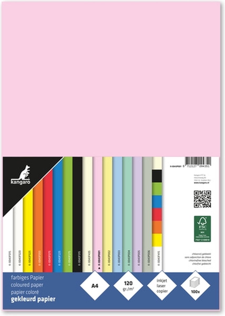 Papier Kangaro - a4 - 120 grammes fsc - paquet 100 feuilles - rose pastel - k-0043p001