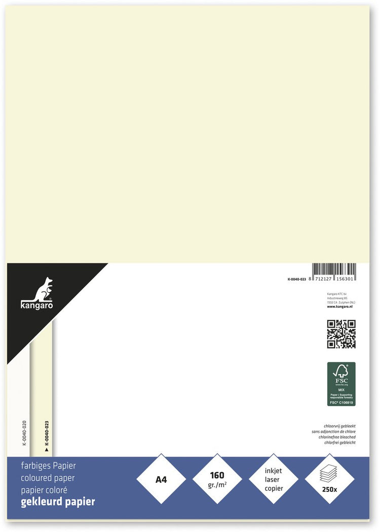Papier de couleur kangourou sans marque sans marque - format a4 - 160 grammes - blanc ivoire - paquet de 250 feuilles - k-0040-023