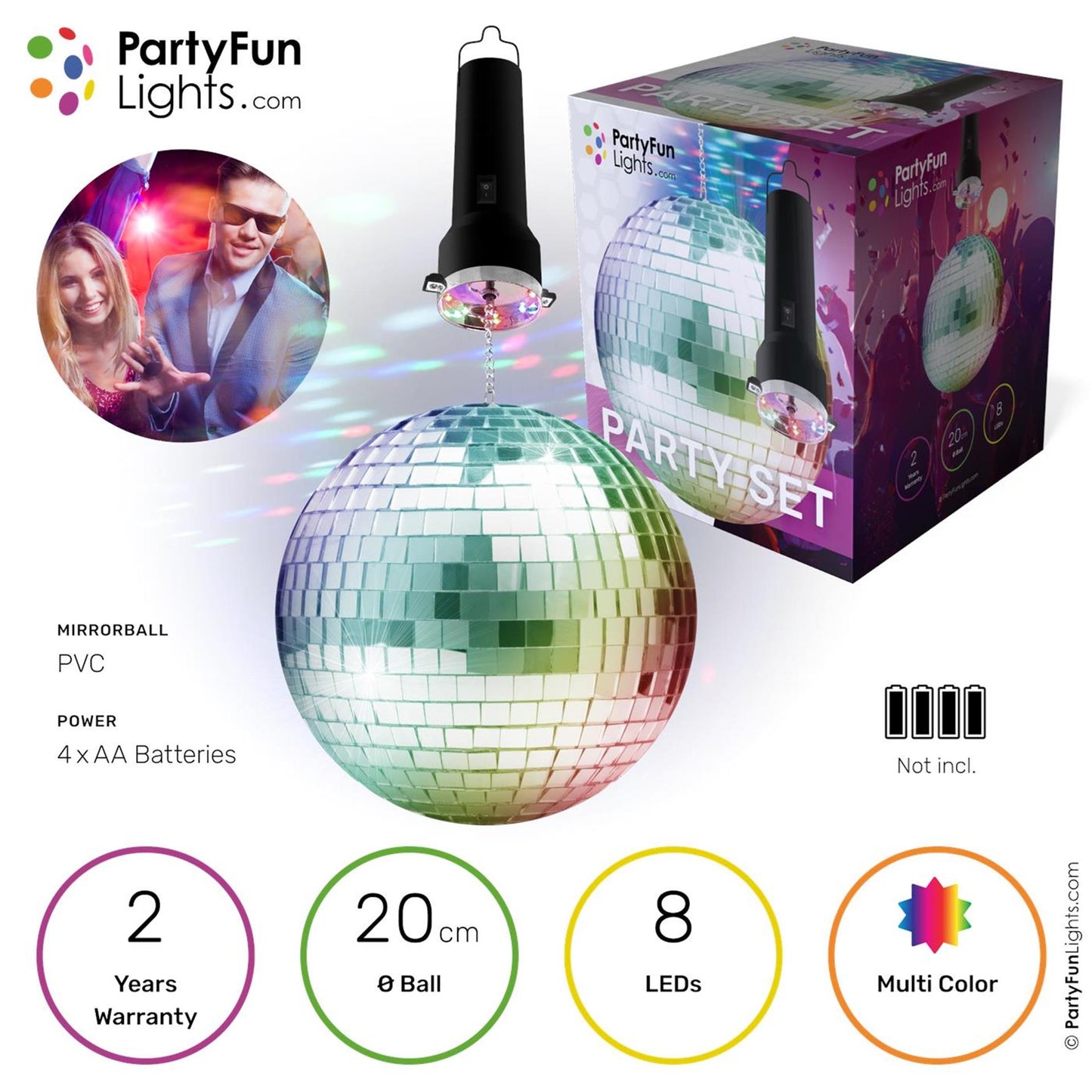 Partyfun lumières boule disco 20 cm LED multicolore