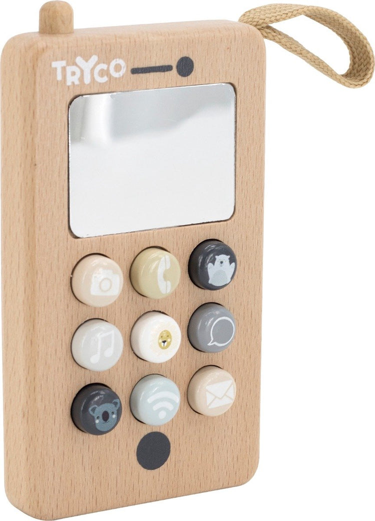 Téléphone en bois Tryco - téléphone jouet en bois - boutons poussoirs, miroir et cordon - stimule la motricité et le jeu imaginatif - à partir de 12 mois